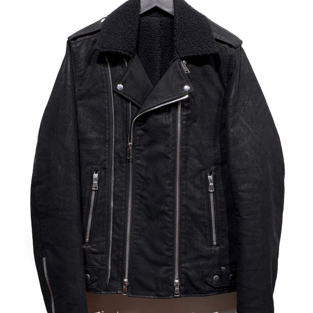 Balmain Black Waxed Cotton and Wool Lined Biker Jacket